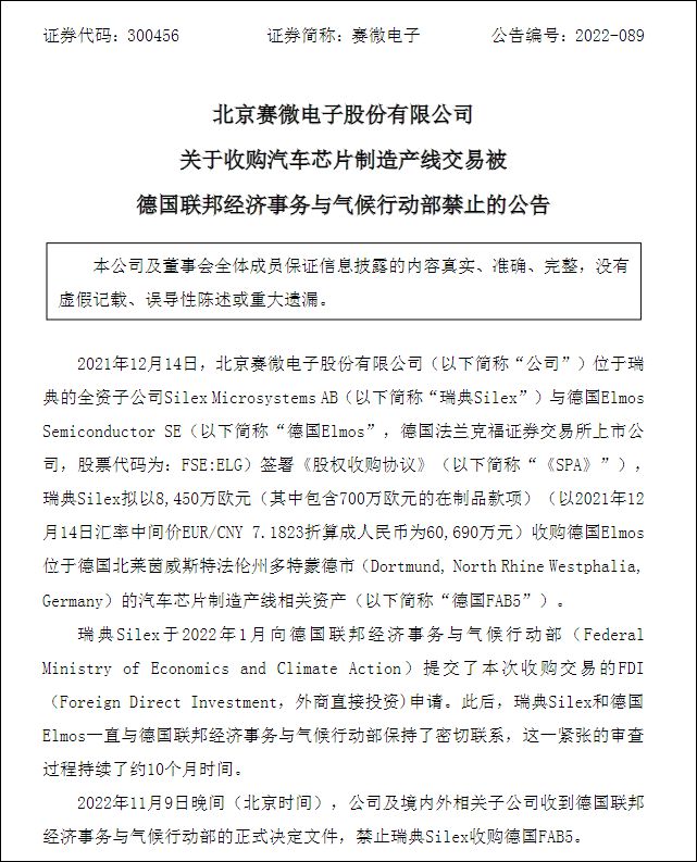 赛微电子：收到德国BBIN BBIN宝盈政府禁止收购德汽车半导体企业决定